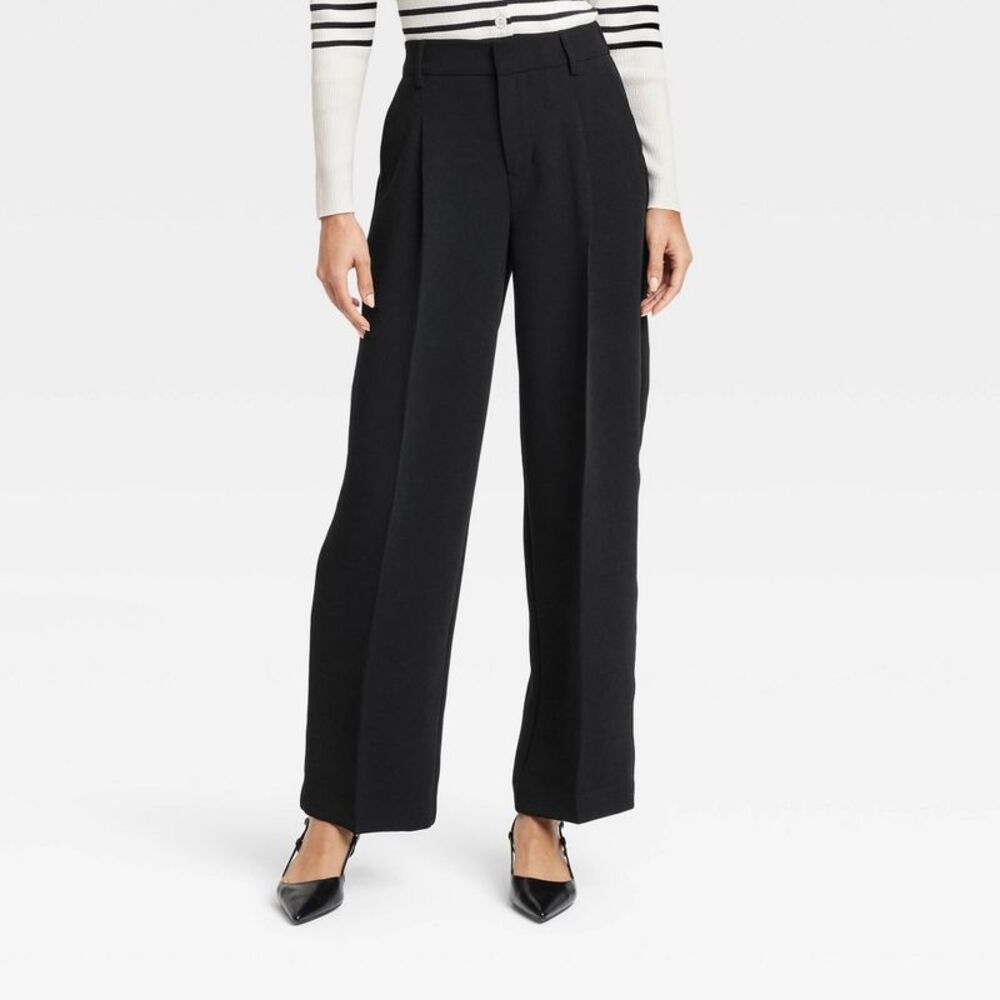 Women's High-Rise Pleated Front Straight Trousers - A New Day Black 12 Short